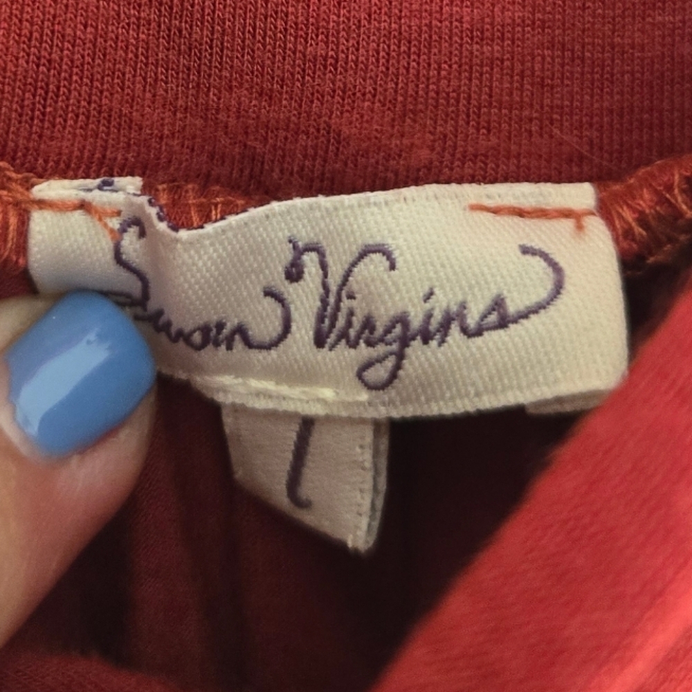 Sworn Virgen Vintage Rust Red Tie Front Skirt Size Large Flowy Boho Midi Stretch - Picture 3 of 4